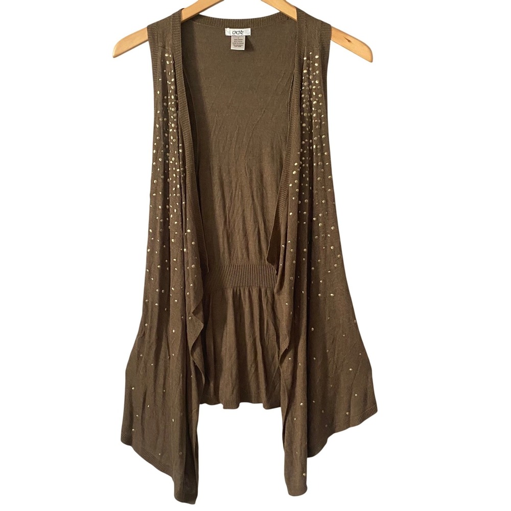 Cache Women Sz Sm Olive Brown Studded Open Front Waterfall Knit Vest Cardigan